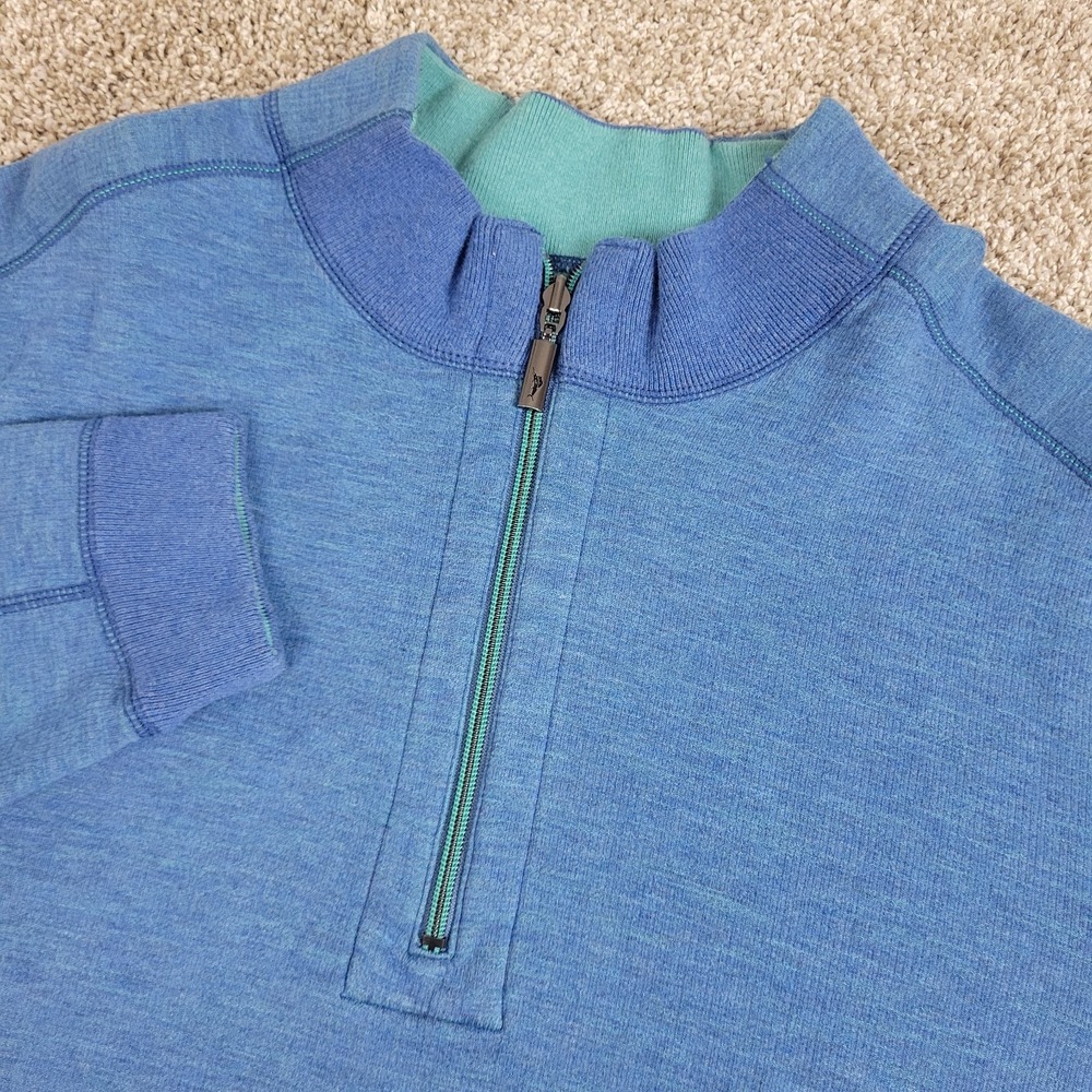 Tommy Bahama Mens Large Solid Blue Stretch Knit Quarter Zip Long Sleeve